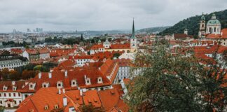 Czerwone dachy i zabytkowa zabudowa Pragi z lotu ptaka